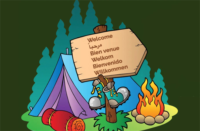 Illustratie van kampeer tent, kampvuur, een slaapmat en een bord met welkom in verschillende talen. 
